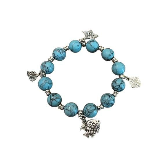 Beaded Stretch Silvertone Fish Feather Star Jerusalem Cross Bracelet Blue NWOT - Picture 9 of 12